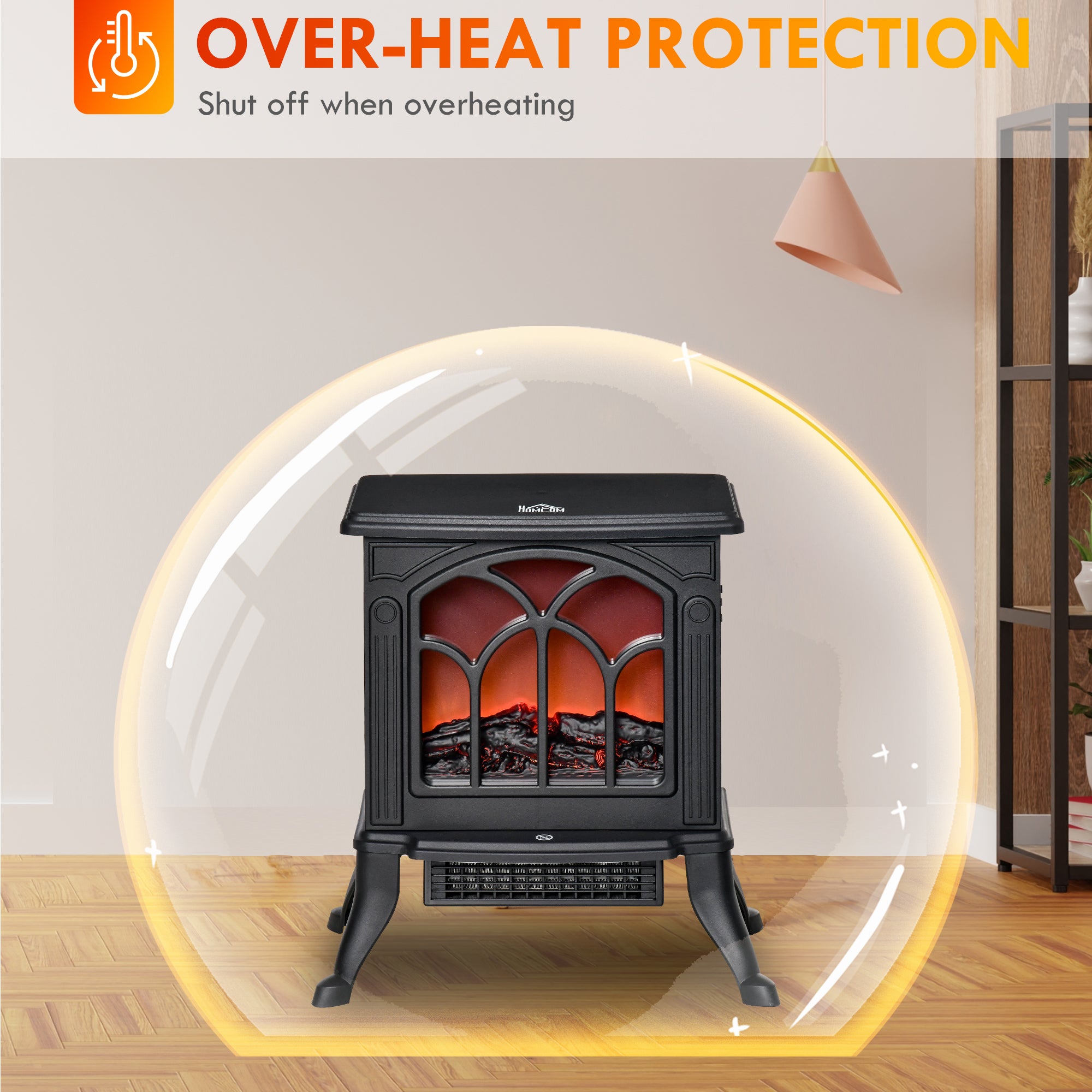 Electric Fireplace Heater, Freestanding Fireplace Stove with Realistic Flame, Overheat Protection, 750W/1500W, White