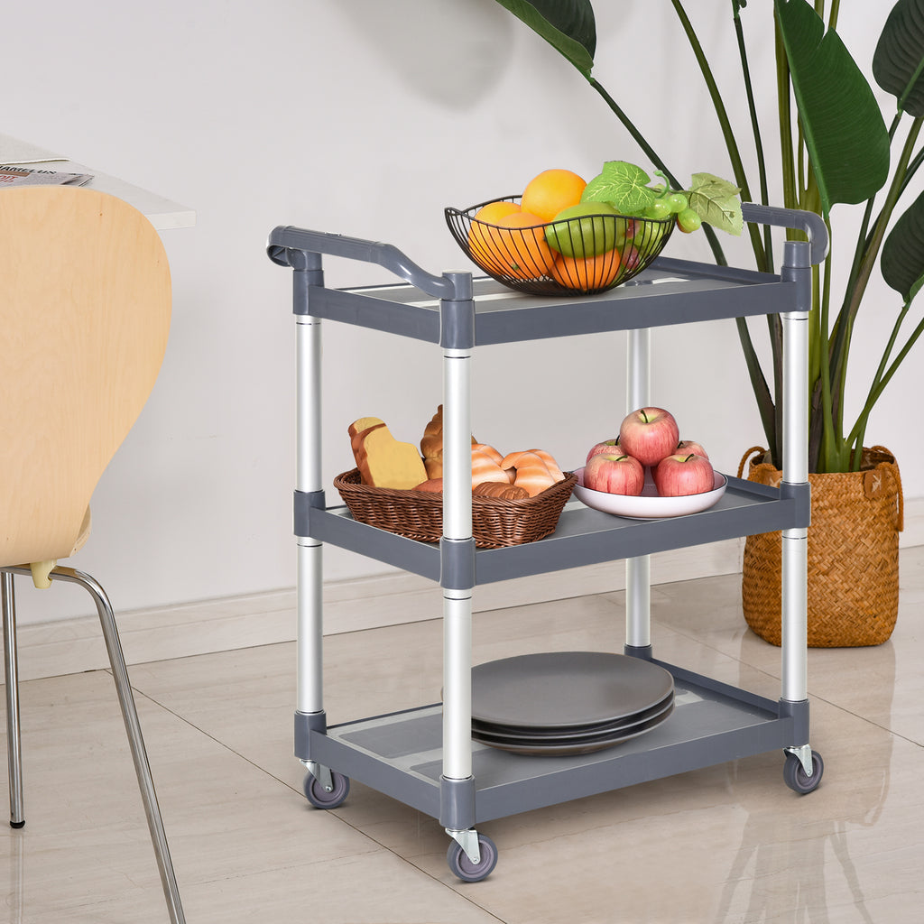 3-Tier Utility Cart Large Rolling Storage Trolley with 3 Shelves Metal Clean Service Cart, Restaurant, Hotel, Livingroom, Silver and Grey
