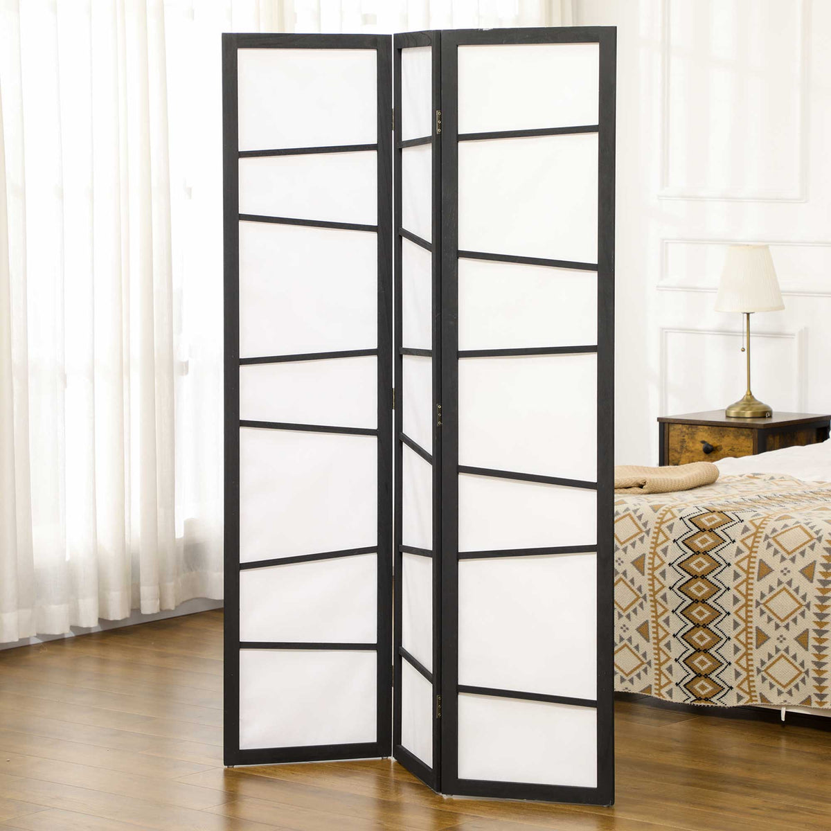 5.6ft Folding Room Divider, 3 Panel Wall Partition with Wood Frame for Bedroom, Home Office, White