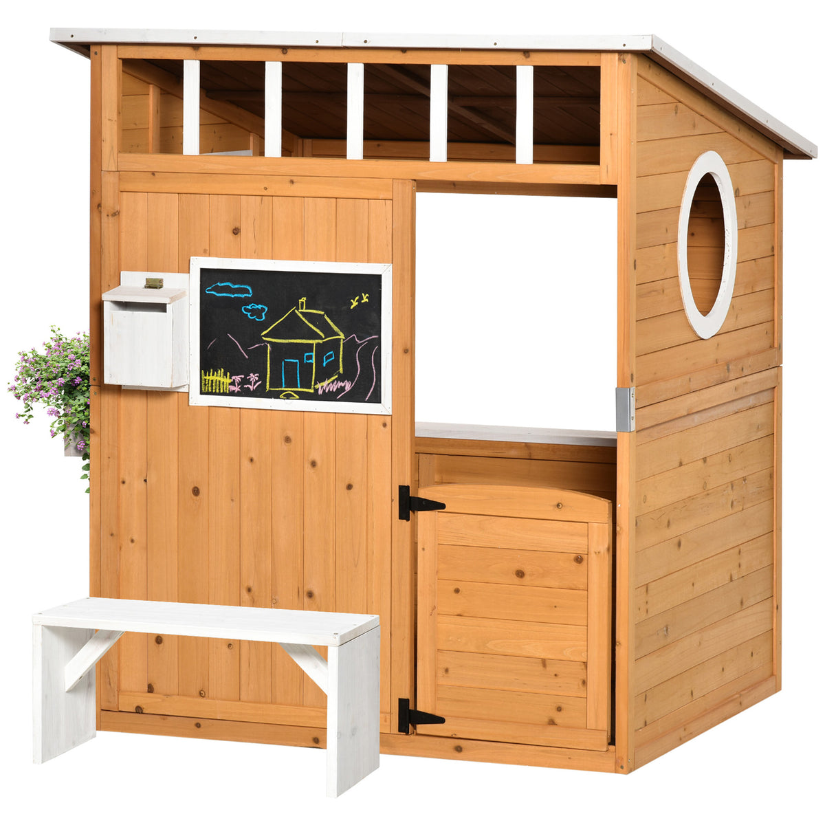 Wooden Outdoor Playhouse for Kids with Working Door, Windows, Mailbox, Bench, Flowers Box and Blackboard, Yellow