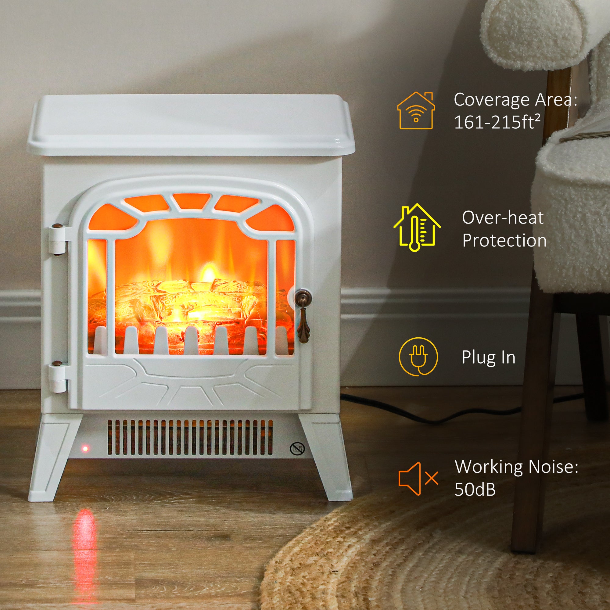 Freestanding Electric Fireplace Stove Heater with Overheat Protection and Realistic Flame Effect, 750W/1500W, White