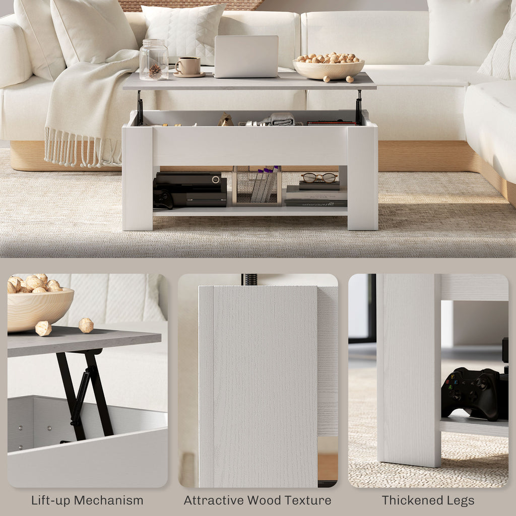 Lift Top Coffee Table with Hidden Storage Compartment and Open Shelf, Center Table for Living Room, Grey