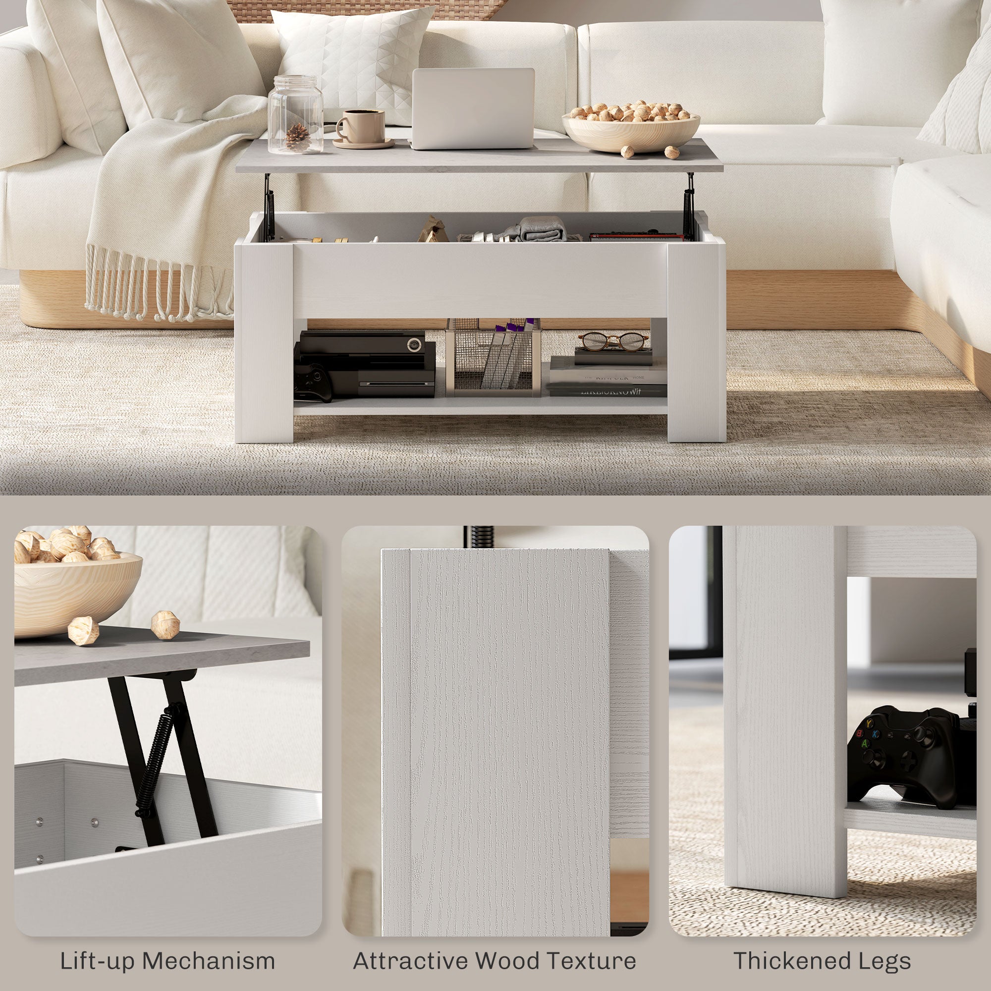 Lift Top Coffee Table with Hidden Storage Compartment and Open Shelf, Center Table for Living Room, Grey