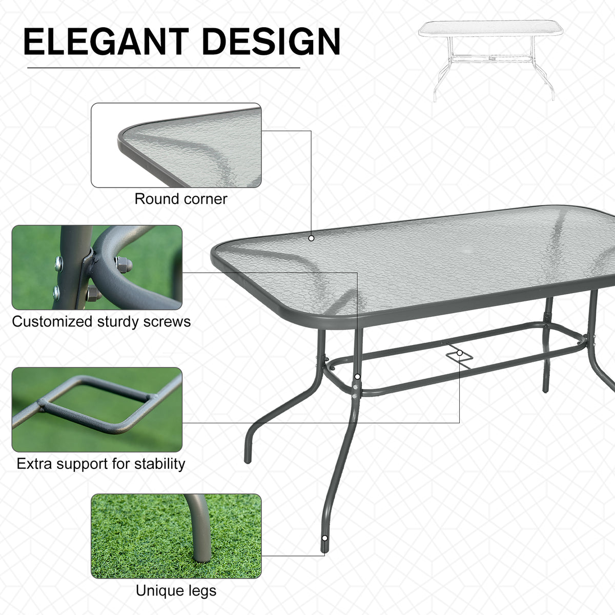 Metal Garden Dining Table with Umbrella Hole, Outdoor Patio Table with Tempered Glass Top, 47.25" x 31.5"