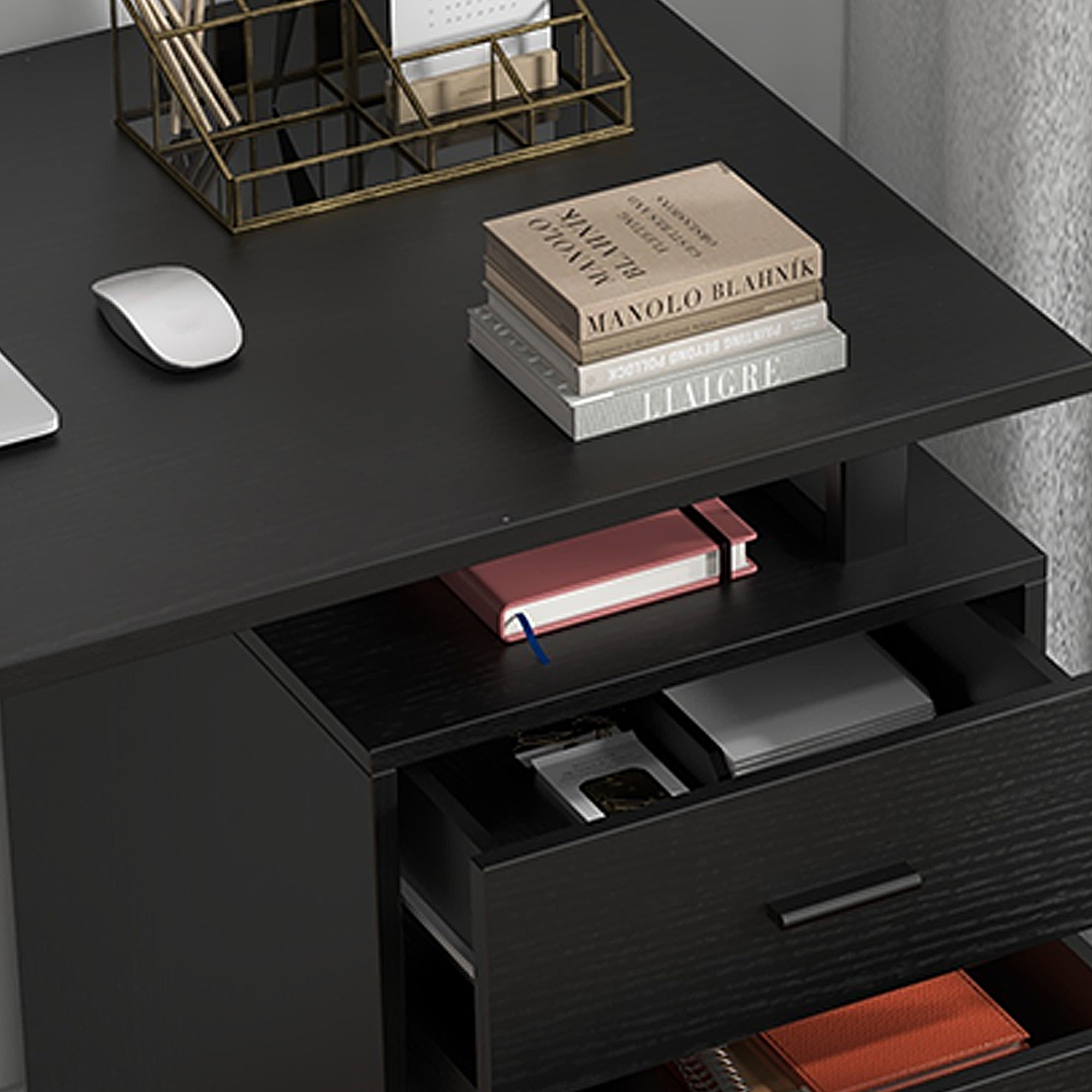 47" Computer Desk with Drawers, Modern Writing Desk with Storage File Drawers for Home Office, Study, Black