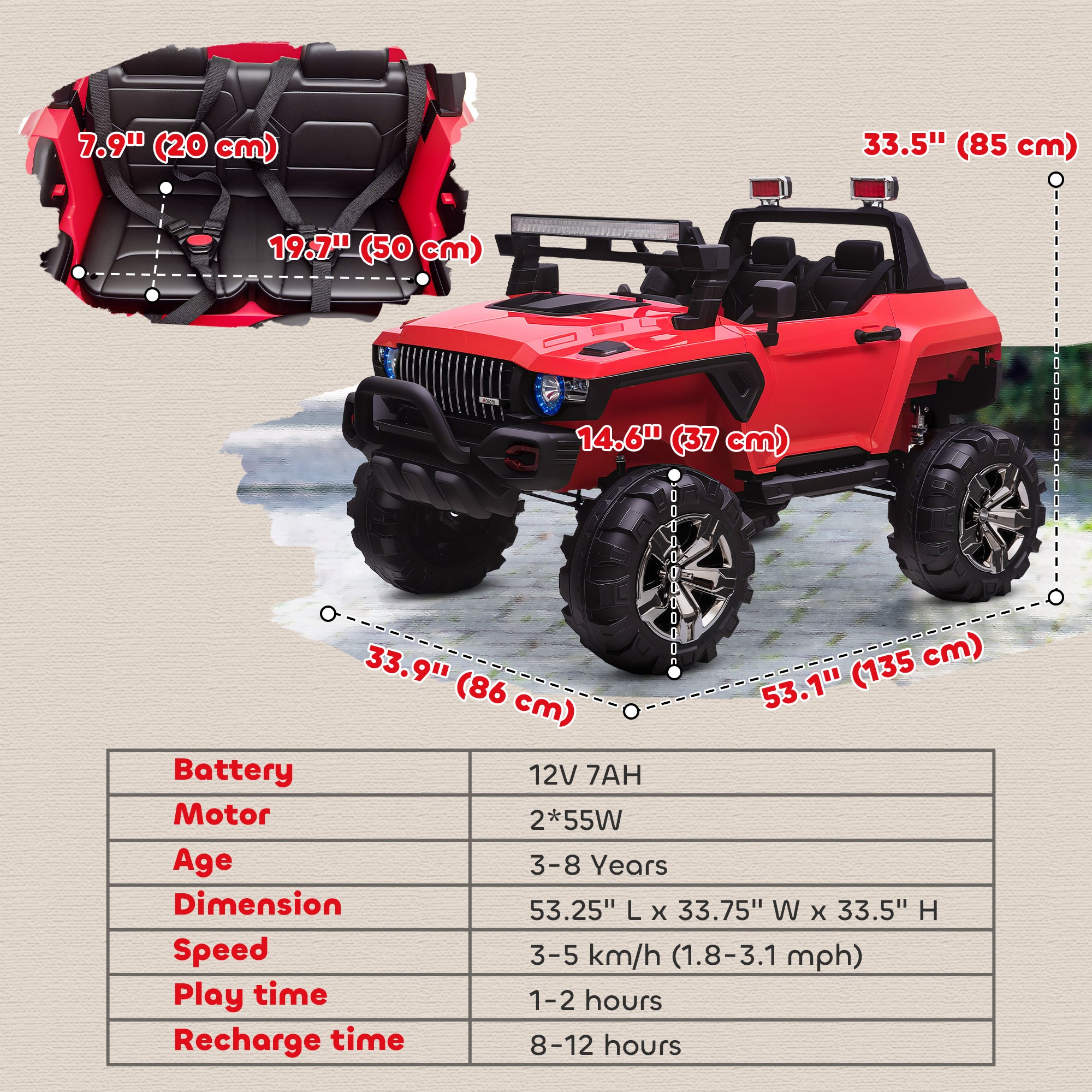 Aosom 2-Seater Ride on Truck, 12V 7AH Big Battery Powered Police Car for Kids with Remote Control, 4 Shock Absorbers, Soft Start, MP3, LED Lights, Big Wheels, Storage, Red