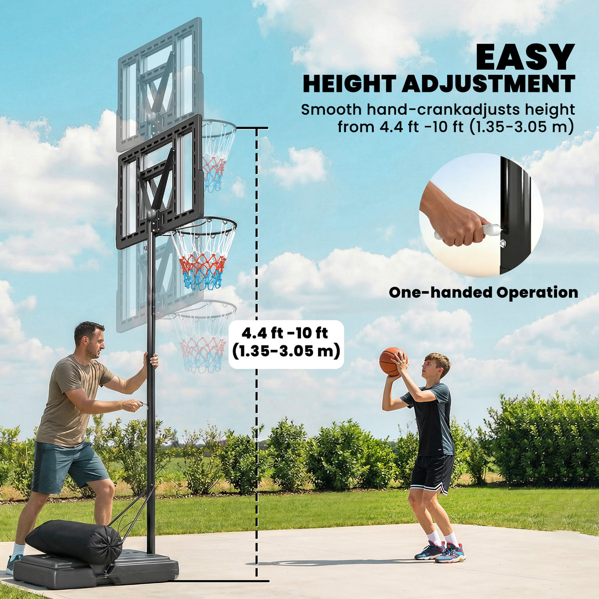 Soozier Basketball Hoop Stand Outdoor, 4.4–10 ft Single Hand Rotation Adjustable with Shatterproof Backboard & Weight Bag