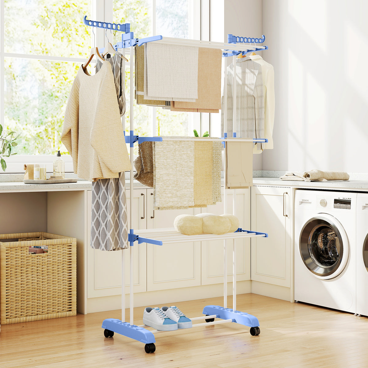 Foldable Clothes Drying Rack, 4-Tier Steel Laundry Rack for Drying Clothes with 2 Side Wings and 4 Castors, Indoor and Outdoor Use, Black