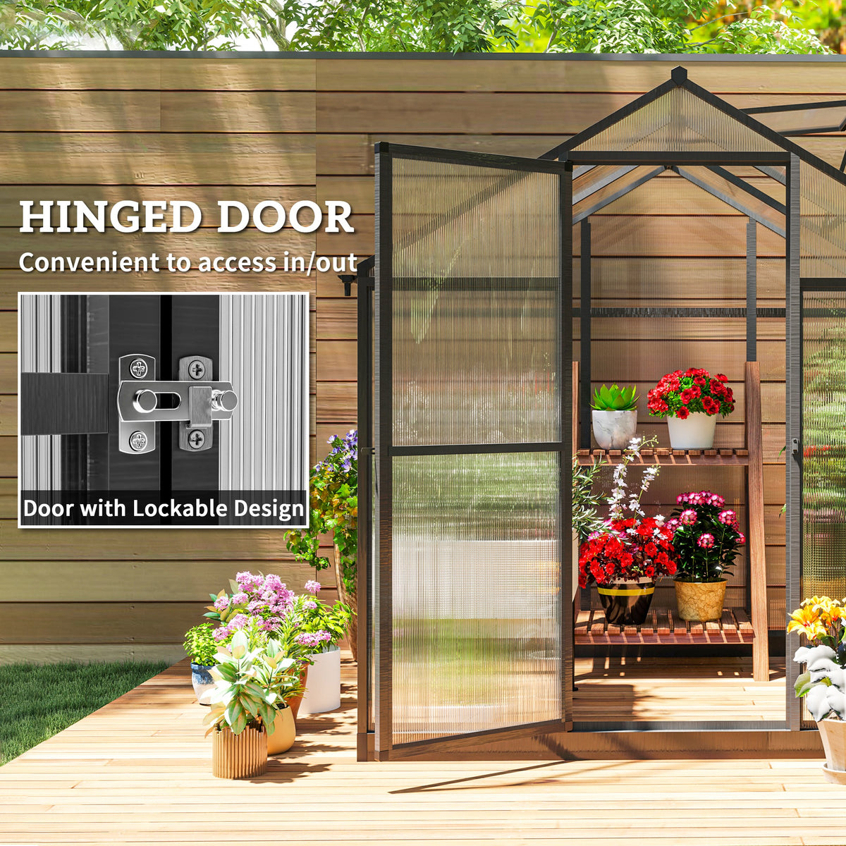دفيئة بوليكربونات 6' × 8' × 6.4'، طقم دفيئة ألومنيوم للمشي في الحديقة، لزراعة النباتات مع مزاريب للمطر وفتحة سقف، رمادي فحمي