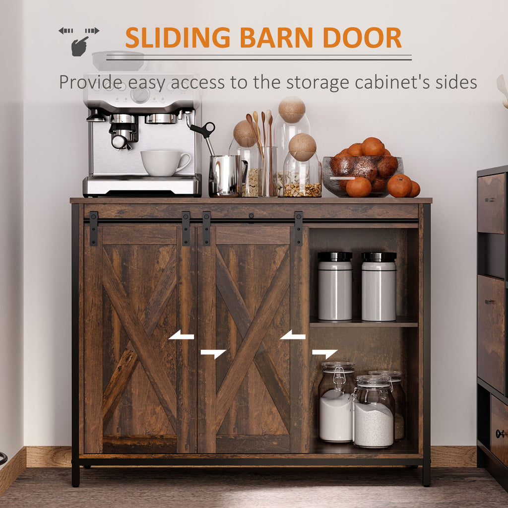 Industrial Buffet Cabinet, Kitchen Sideboard with Sliding Barn Doors, Three Drawers and Adjustable Shelves, Rustic Brown