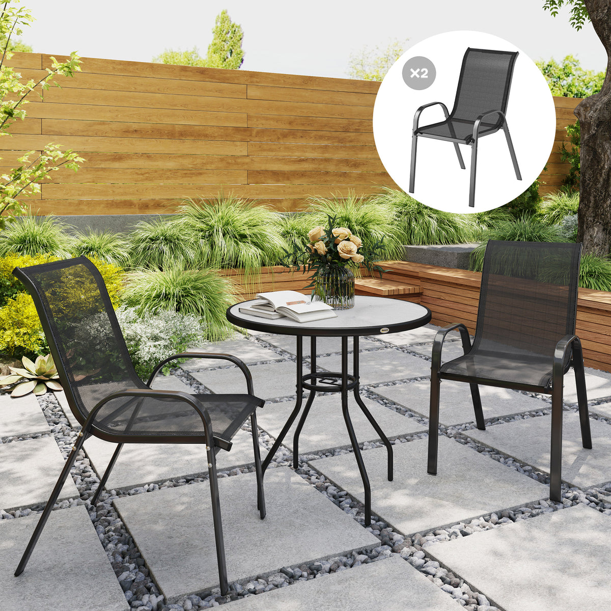 Set of 4 Outdoor Dining Chairs, Stackable Lawn Chairs with High Back, Breathable Mesh Seat for Garden Porch, Black
