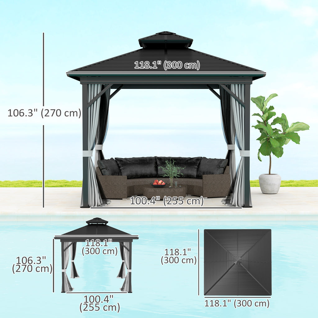 10' x 12' Hardtop Gazebo, Sun Shelter with Double Tier Metal Roof, Mosquito Netting, and Hanging Hook, Light Grey