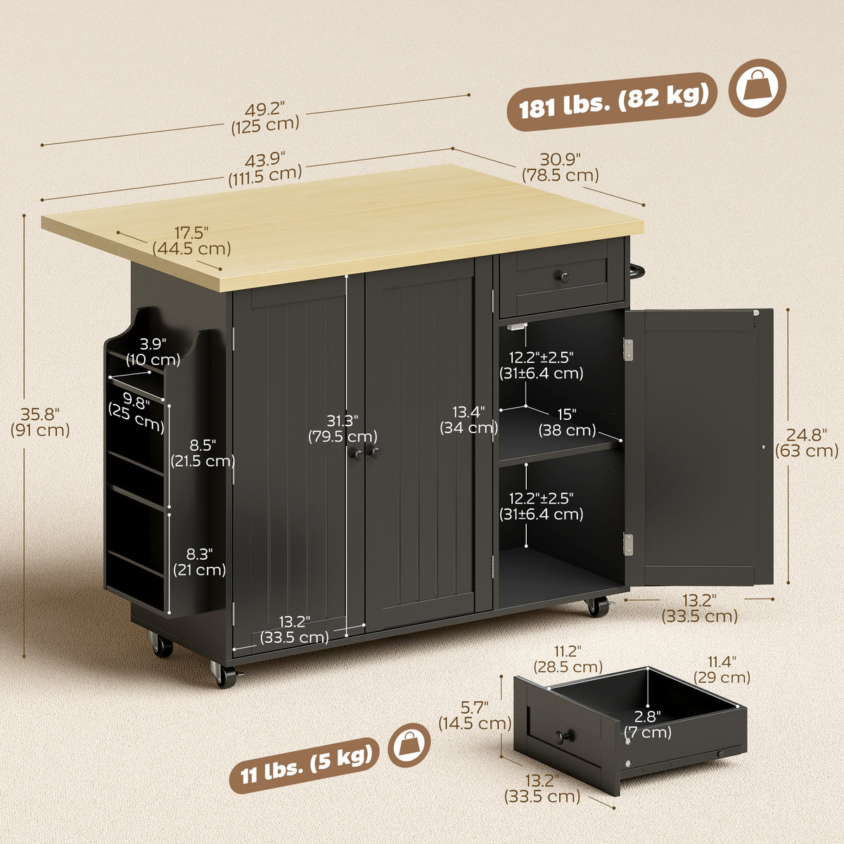 ኪችን አይላንድ ካርት፣ ሮሊንግ ኪችን አይላንድ ጠረጴዛ ምስ ድሮፕ ሊፍ፣ ድራወር፣ ስፓይስ ን ታወል ራክ፣ ጻዕዳ