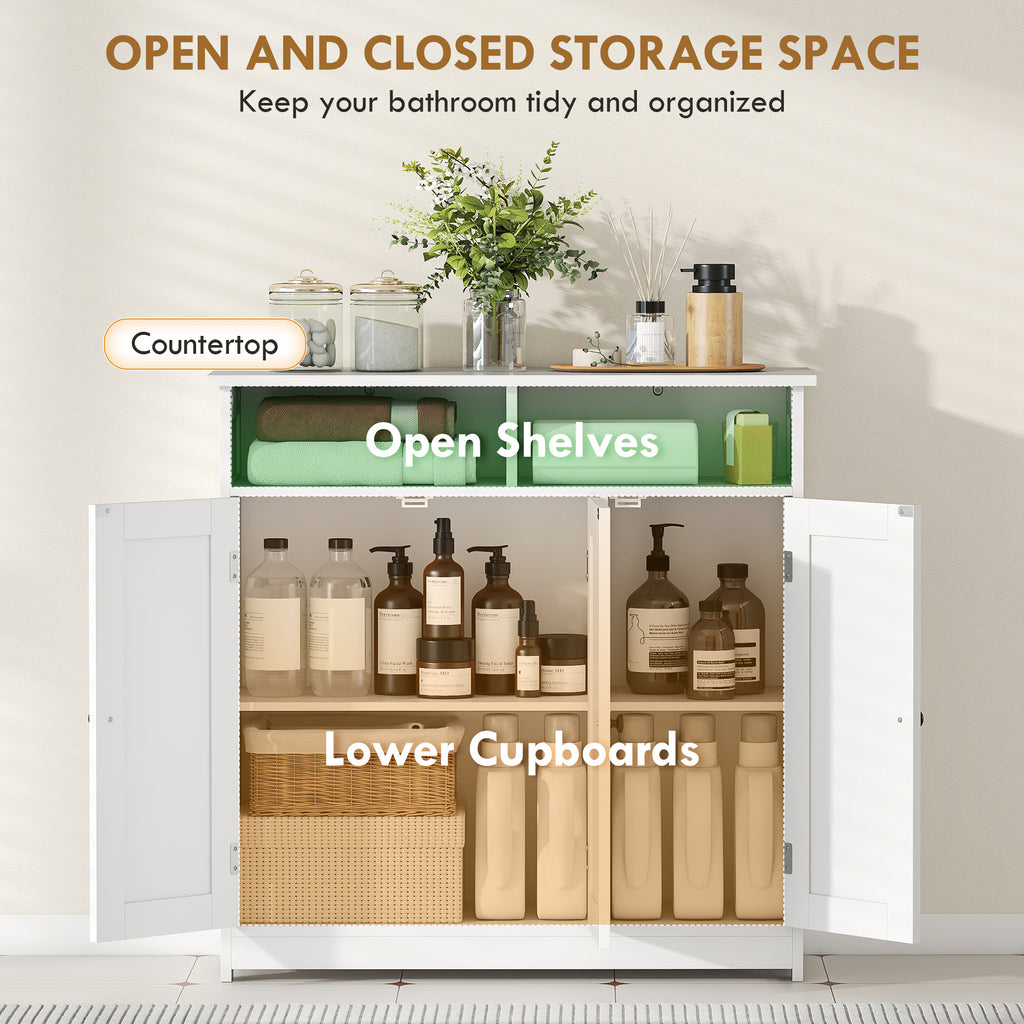 Bathroom Floor Cabinet, Freestanding Bathroom Storage Unit with 3 Doors, 2 Open Shelves and Adjustable Shelf, White