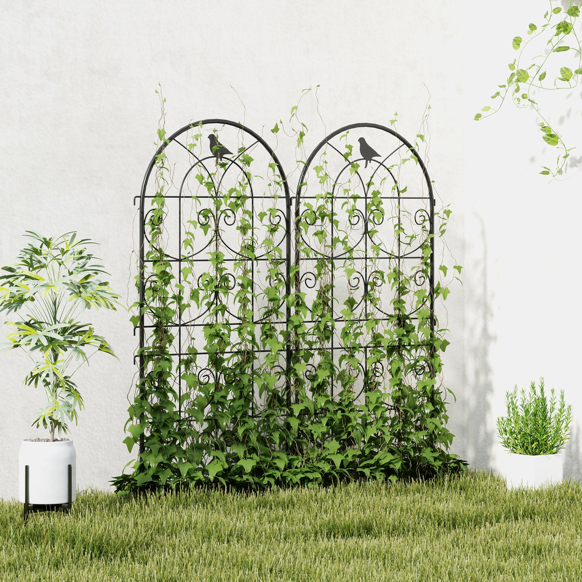 Set of 2 Metal Garden Trellis, Decorative Trellis Panels, Bird Design, 150 x 50 cm, Black