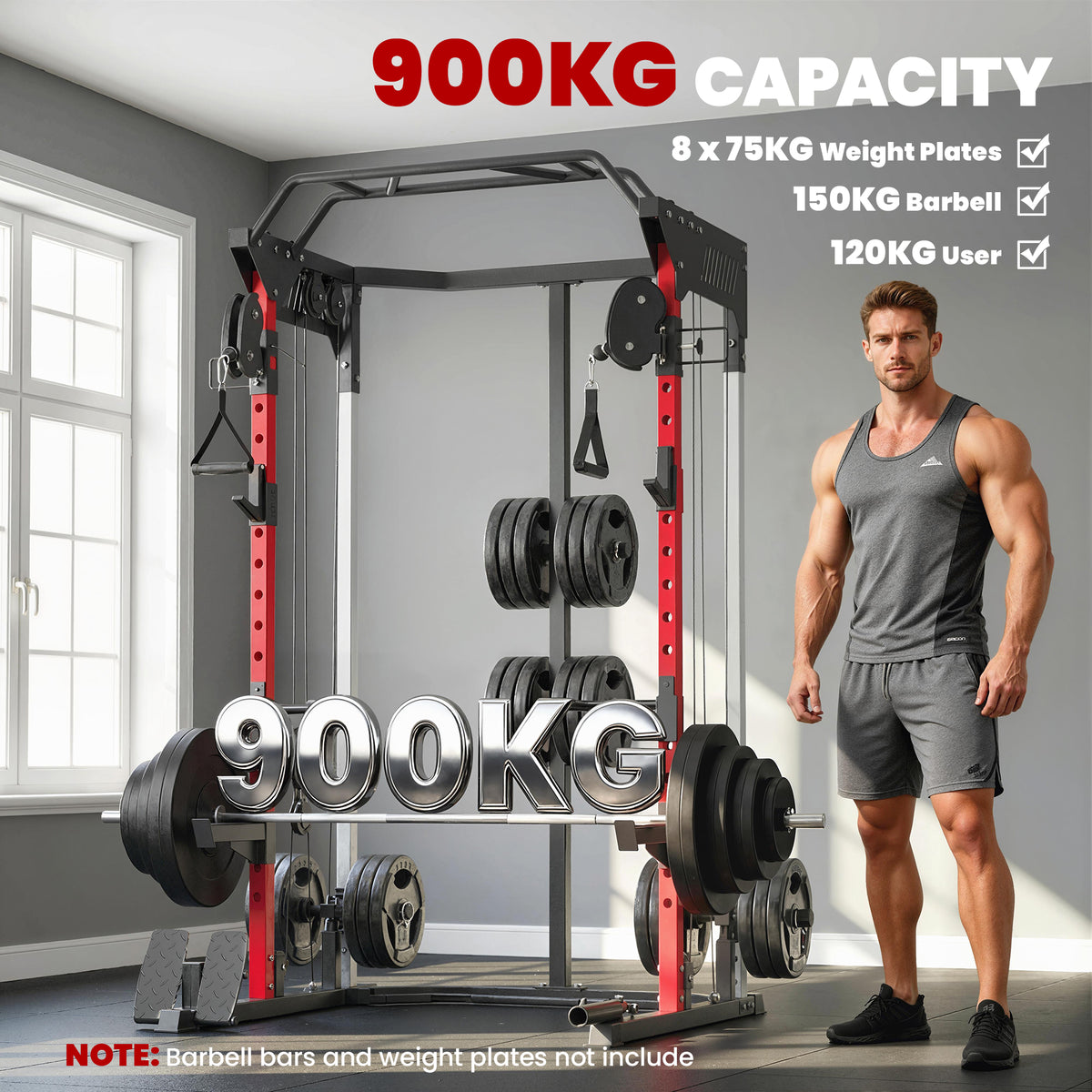 Soozier Power Cage, Power Rack with Adjustable Cable Pulley System, Pull-Up Bar, Dip Station, Landmine