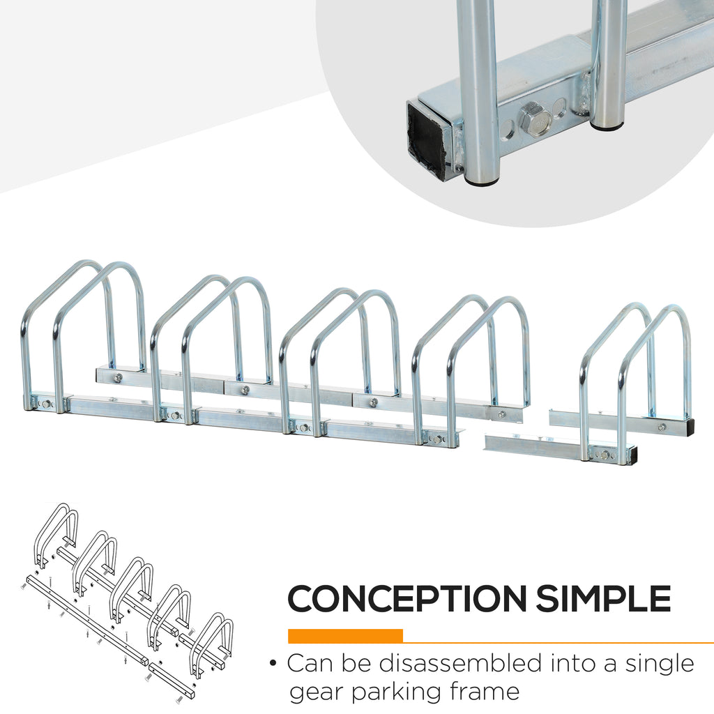5-Bike Bicycle Floor Parking Rack Cycling Storage Stand Ground Mount Garage Organizer for Indoor and Outdoor Use Silver