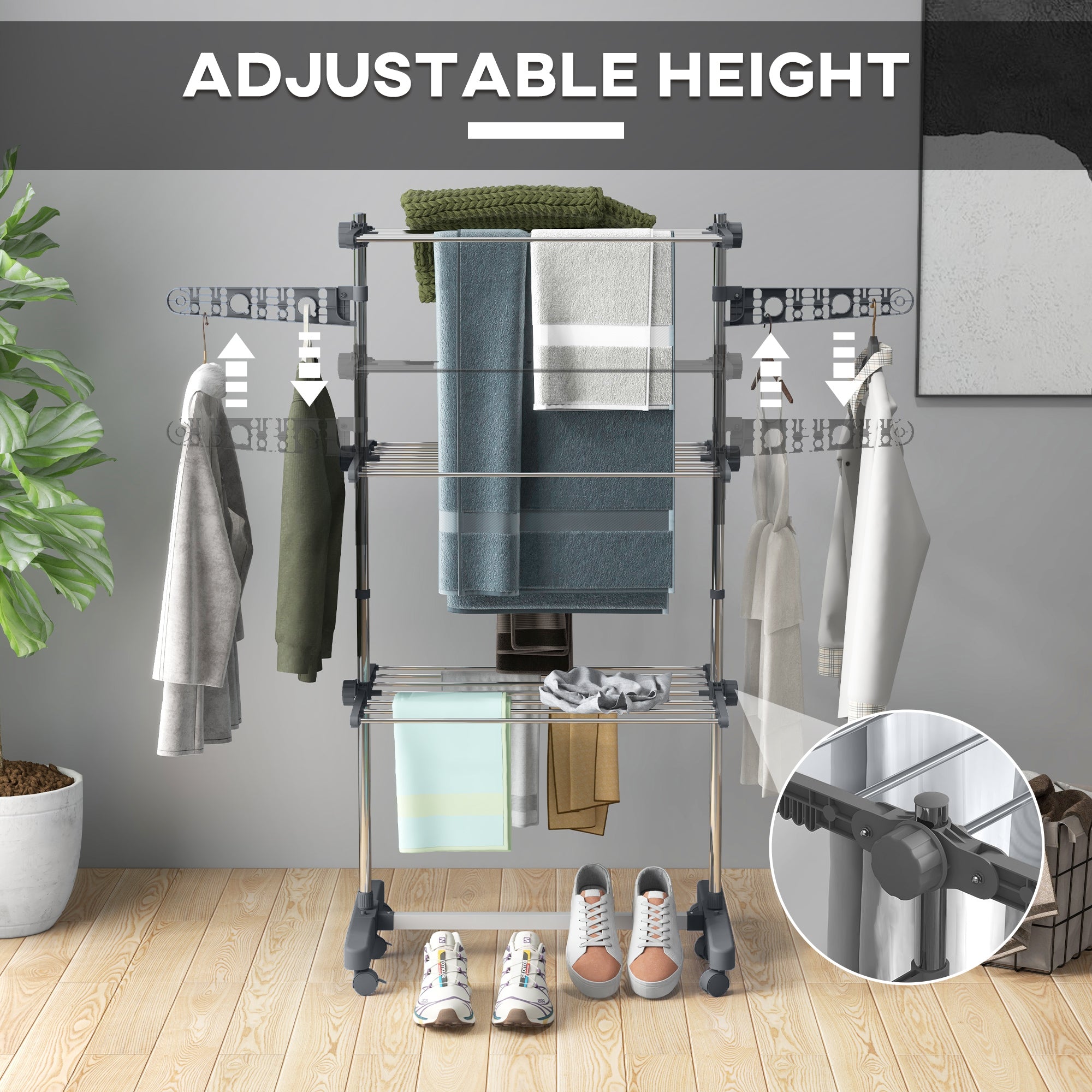 3-Tier Foldable Clothes Drying Rack, Stainless Steel Laundry Rack with 2 Side Wings and 6 Castors, Collapsible Adjustable Clothes Airer for Indoor Outdoor, White