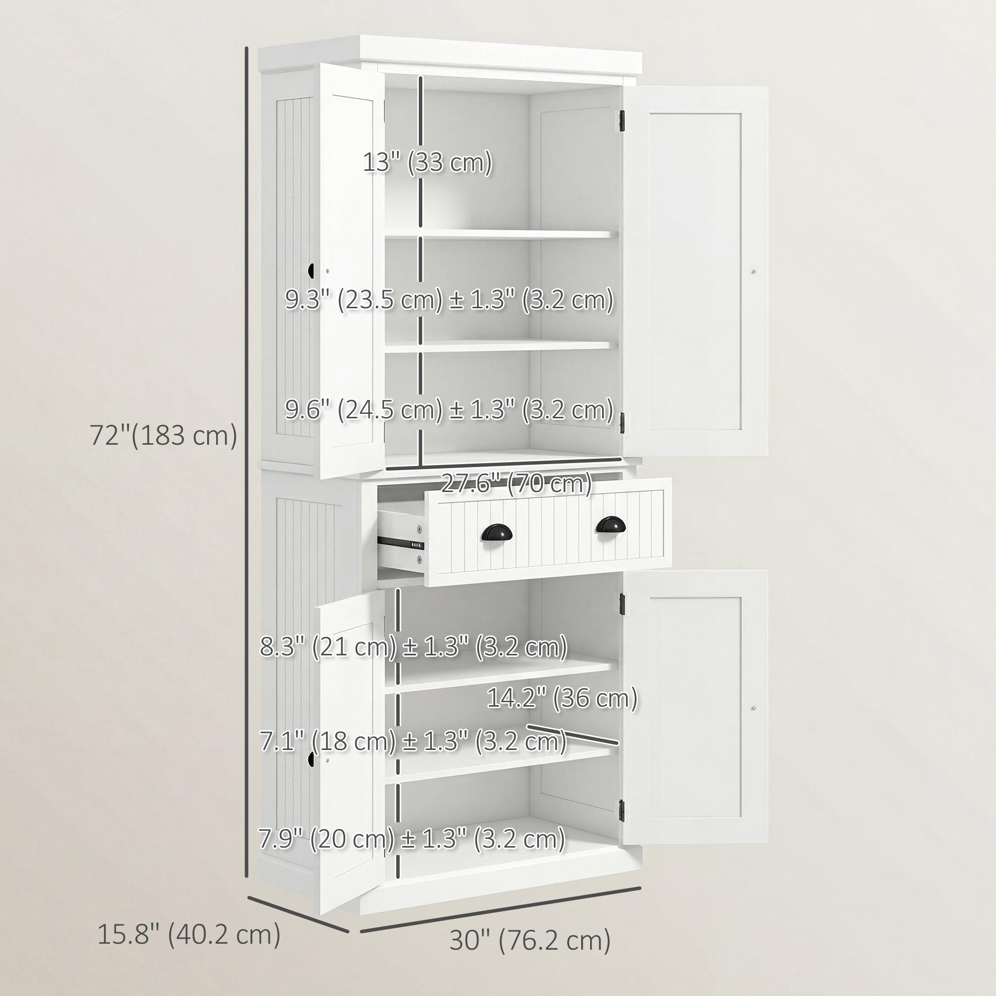 72" Kitchen Pantry, Freestanding Storage Cabinet with Drawer, Doors, Cream White