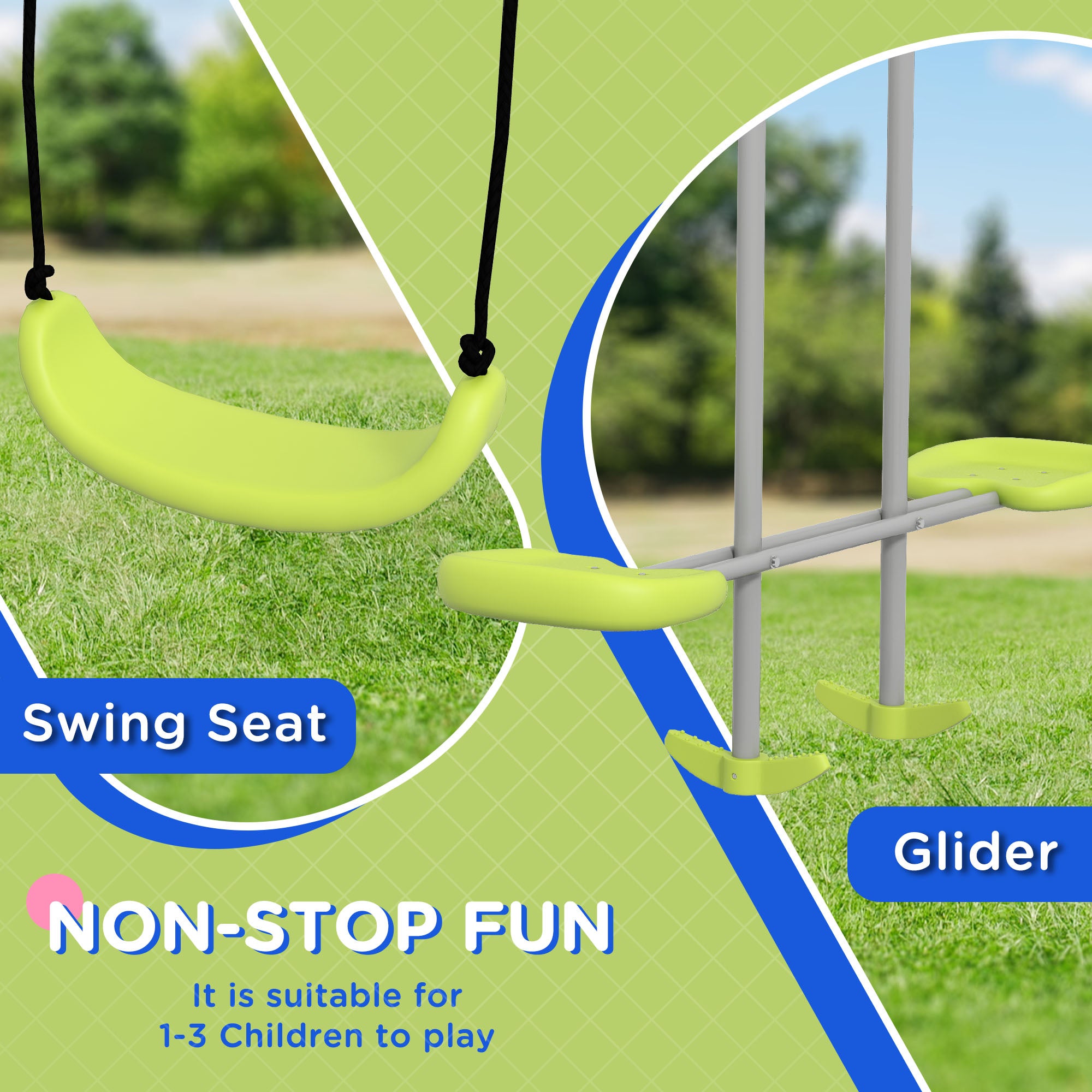 Swing Set for Kids, Heavy Duty A-Frame Metal Swing Frame with Glider, Swing Seat, Ground Stakes for Backyard, Green
