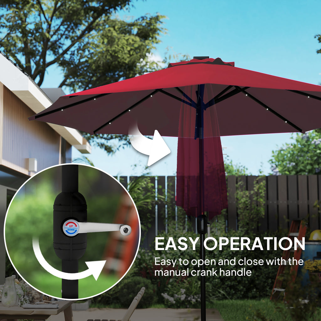 9ft Solar Patio Umbrella Outdoor Sunshade 24 LED Lights Tilt Canopy, Wine Red