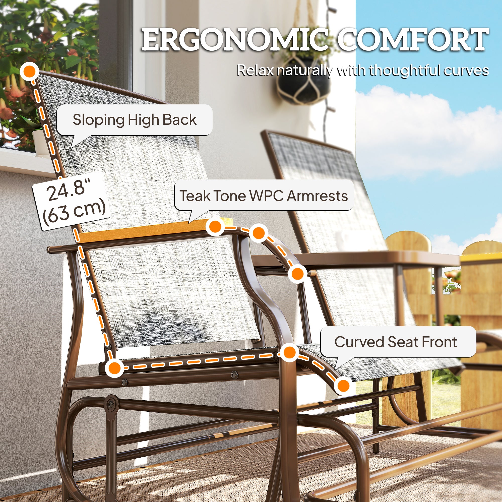 Outdoor 2-Person Glider Bench, Outside Swing Glider Chair Loveseat with Breathable Mesh, Table, Steel Frame