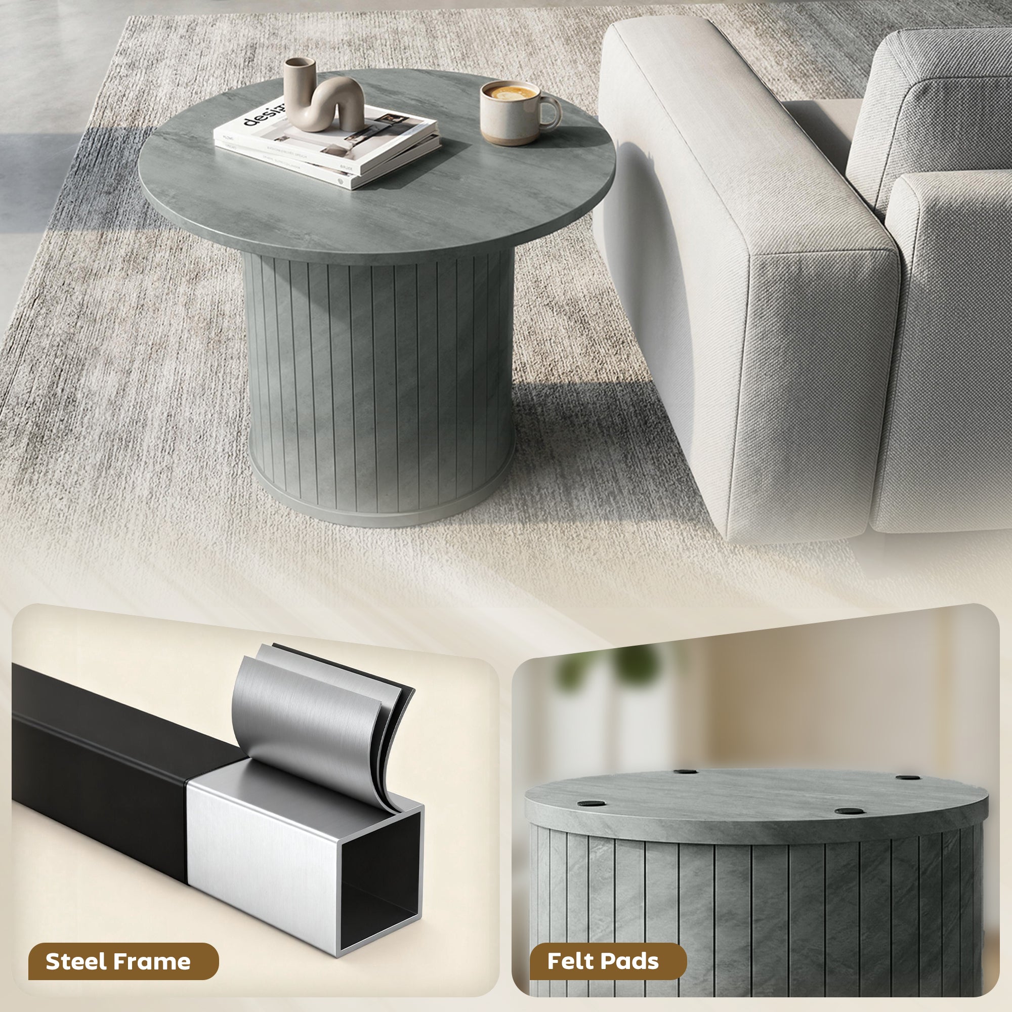 Round Coffee Table, 31.5" Center Table, Cement Grey