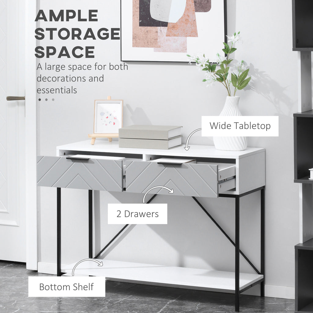 Modern Console Table with 2 Drawers, 2 Tier Entryway Table with storage Shelf, Narrow Sofa Table for Living Room, Hallway, White