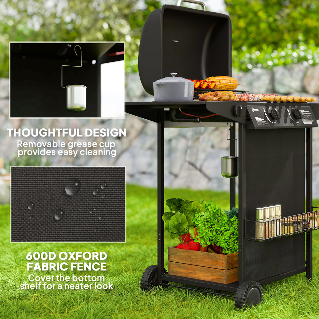 3+1 Burner Propane Gas BBQ Grill, Portable Gas Barbecue Grill with Side Burner, Thermometer, Lid, Side Table, Shelf, Spice Rack, Wheels, Grease Cup for Garden, Black