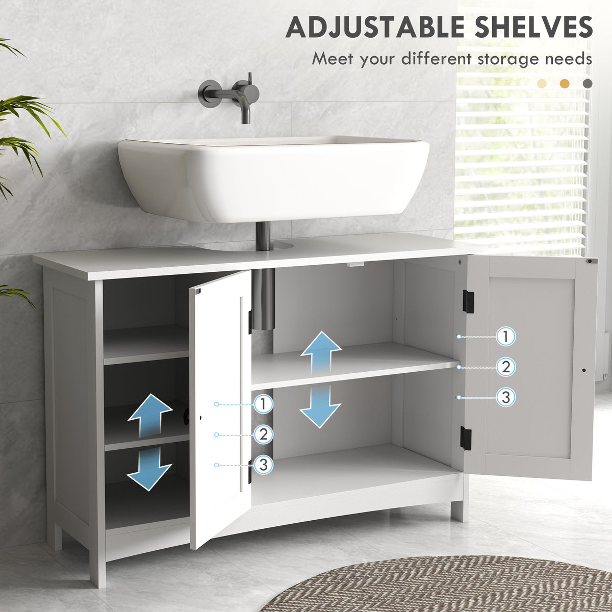 Bathroom Vanity Cabinet, Under Sink Storage Cabinet with Double Doors, Open and Adjustable Shelves, White