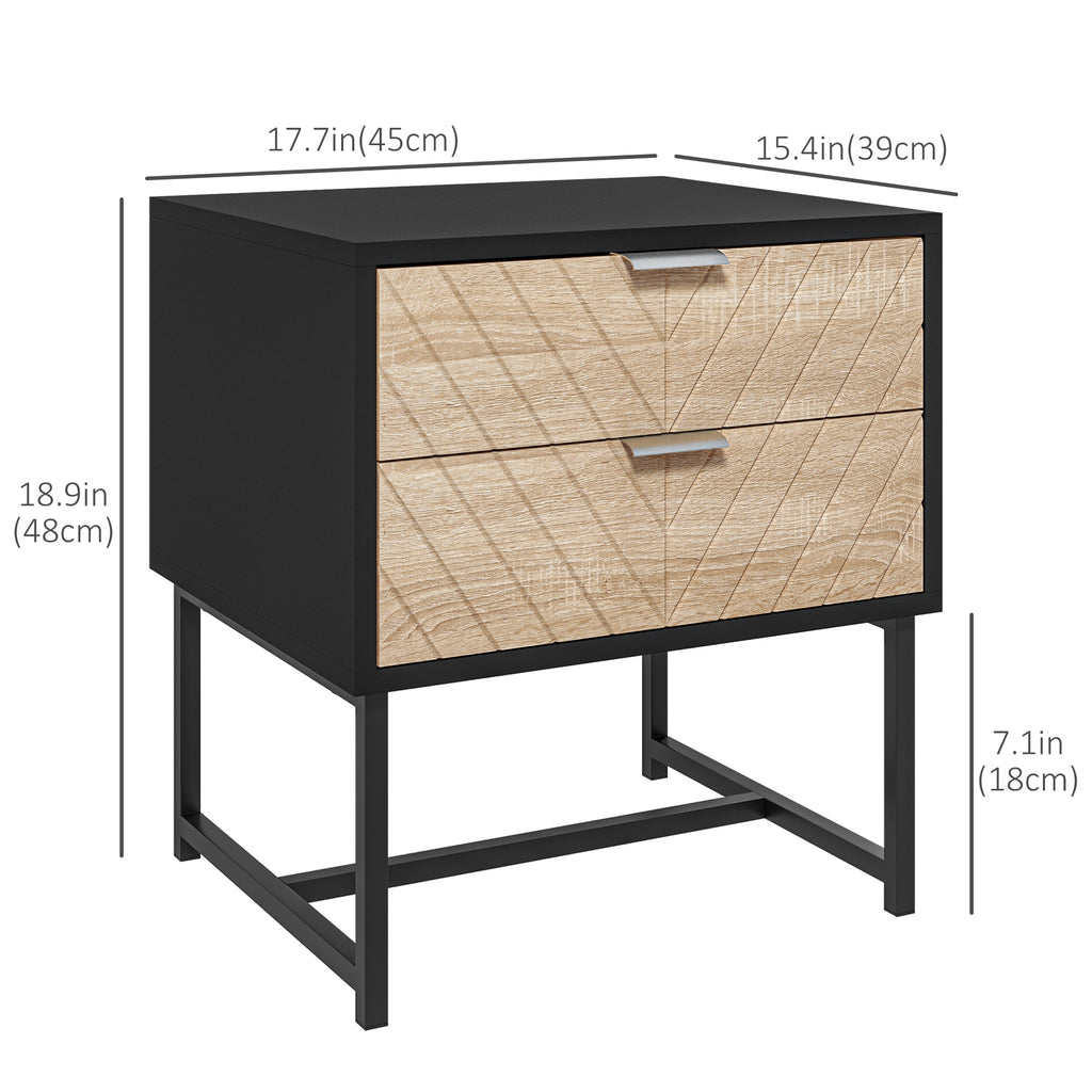 Modern Bedside Table with 2 Drawers and Steel Frame, Sofa Side Table for Bedroom Living Room, White and Oak