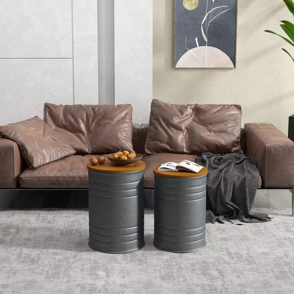 Round Side Table Set of 2, Nesting Coffee Tables w/ Wooden Lid, Galvanized Sheet Frame and Hidden Storage Space, Grey