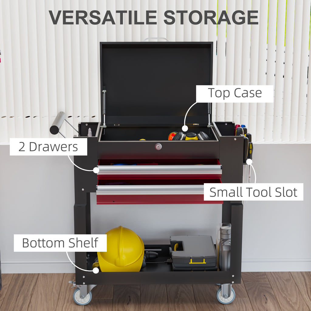 Tool Cart on Wheels Service Cart with 2 Drawers Tray Lockable Flip Top Storage for Garage Warehouse Workshop Black