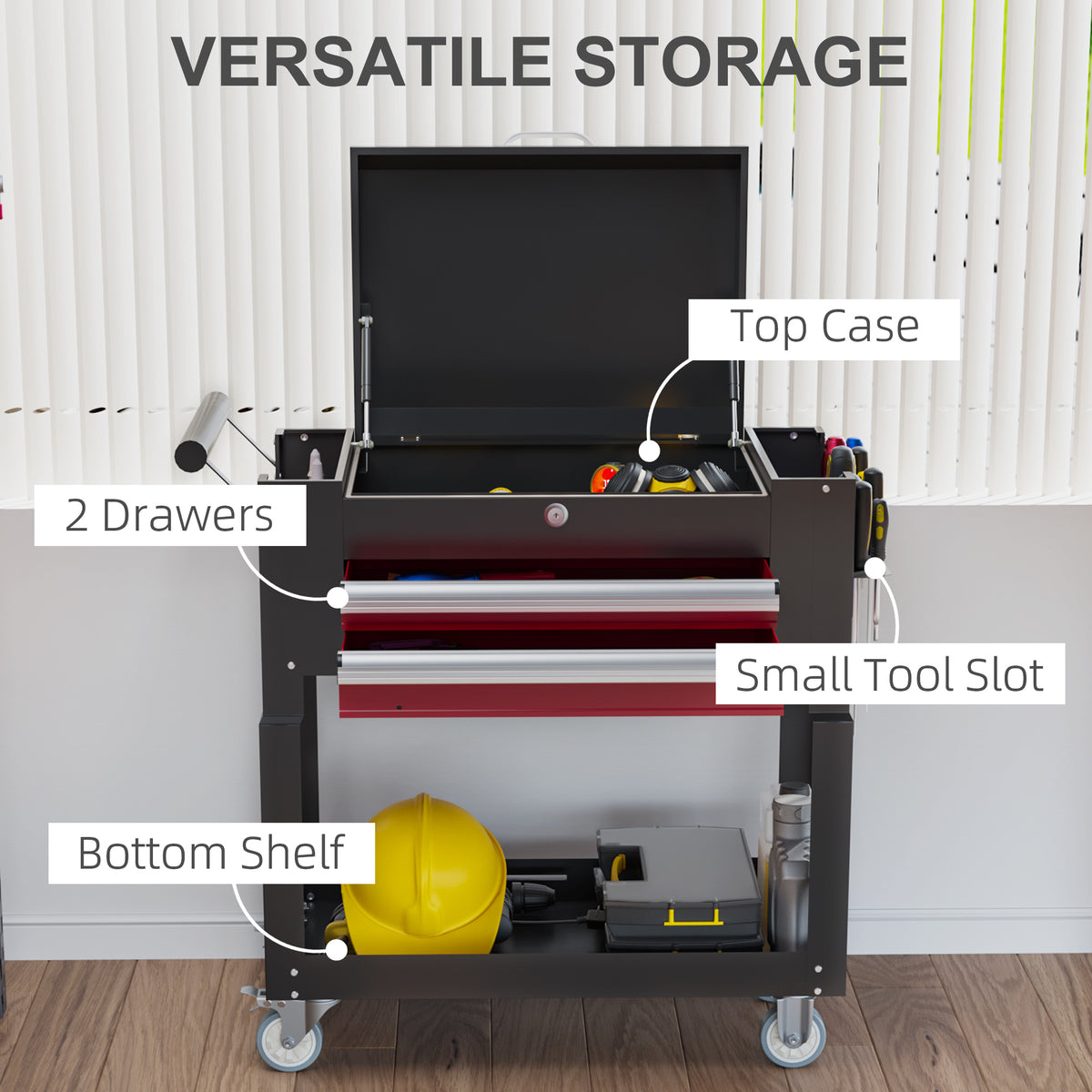 Tool Cart on Wheels Service Cart with 2 Drawers Tray Lockable Flip Top Storage for Garage Warehouse Workshop Black