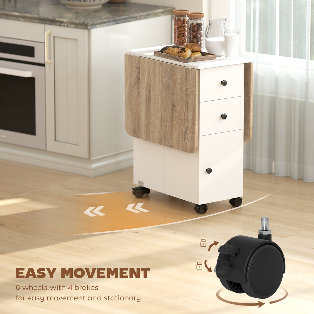 Drop Leaf Dining Table, Mobile Folding Table on Wheels with Drawers and Cabinet for Dining Room, Kitchen, White and Oak
