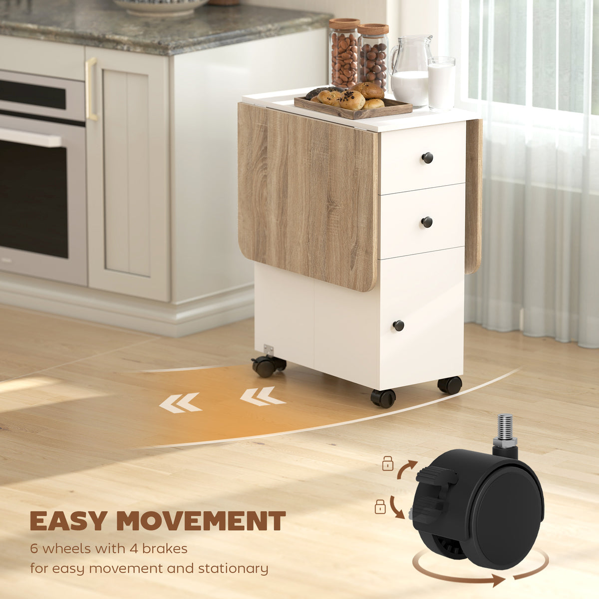 Drop Leaf Dining Table, Mobile Folding Table on Wheels with Drawers and Cabinet for Dining Room, Kitchen, White and Oak
