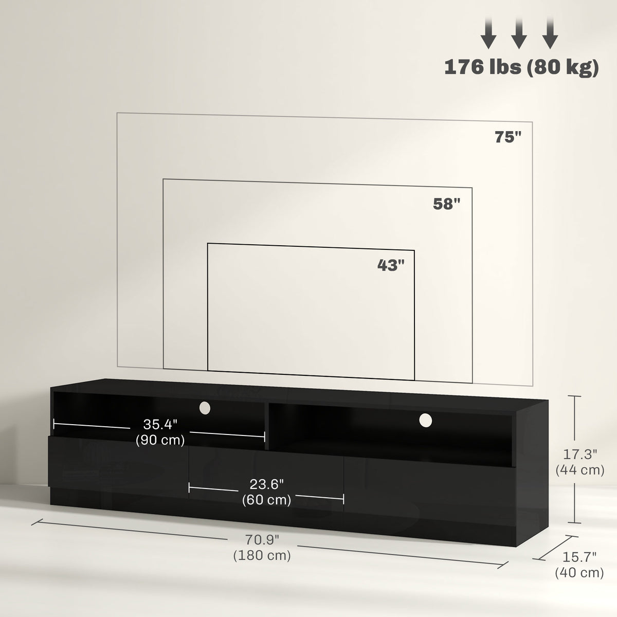 LED ብርሃን ዘለዎ ቲቪ ስታንድ ክሳብ 75" ቲቪ ዝድግፍ፣ ዘመናዊ ቲቪ ካቢኔት ምስ መደርደሪ መሳልብ ንእንዳ መዕበዪ፣ ልዑል ግላይ ጻዕዳ