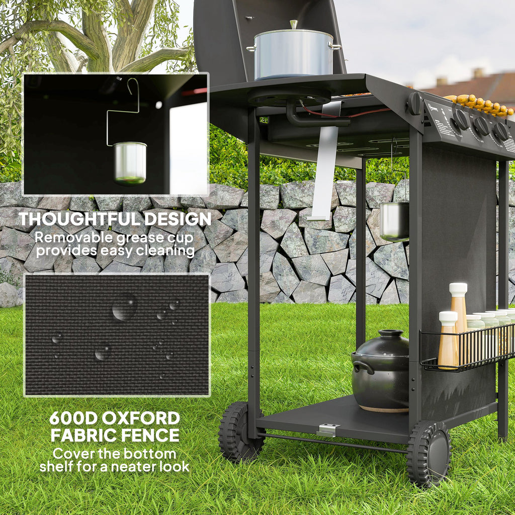 3+1 Burner Propane Gas BBQ Grill, Portable Gas Barbecue Grill with Side Burner, Thermometer, Lid, Side Table, Shelf, Spice Rack, Wheels, Grease Cup for Garden, Black