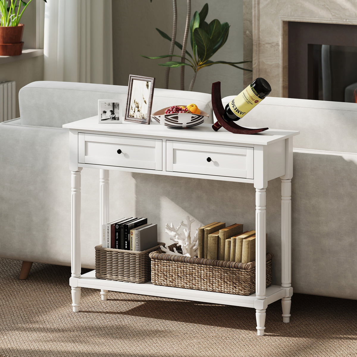 Hallway Console Table, Modern Entryway Table with 2 Drawers, Storage Shelf, Turned Legs for Living Room, Bedroom, Black