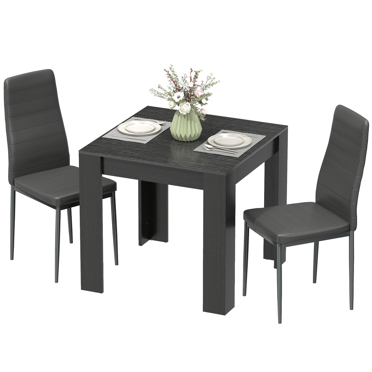 Dining Table Set for 2, Square Kitchen Table and Chairs, Dining Room Table and PU Leather Upholstered Chairs, Black