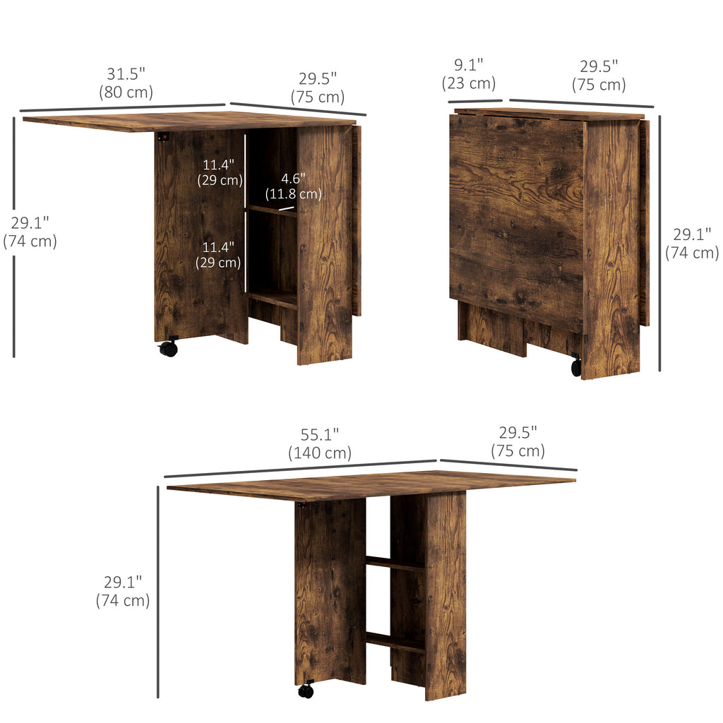 Extendable Dining Table, Collapsible Folding Table w/ 2-tier Shelves and Rolling Casters, Rustic Brown