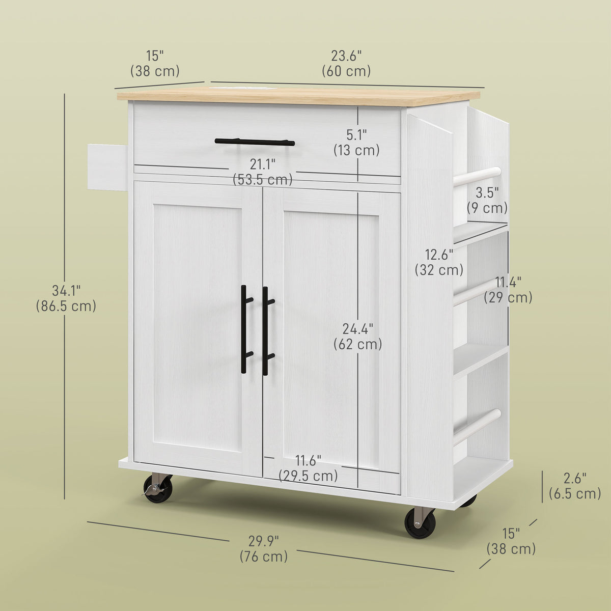Rolling Island with Wheels for Kitchen, Kitchen Island on Rollers with Power Outlets, Drawer and Doors