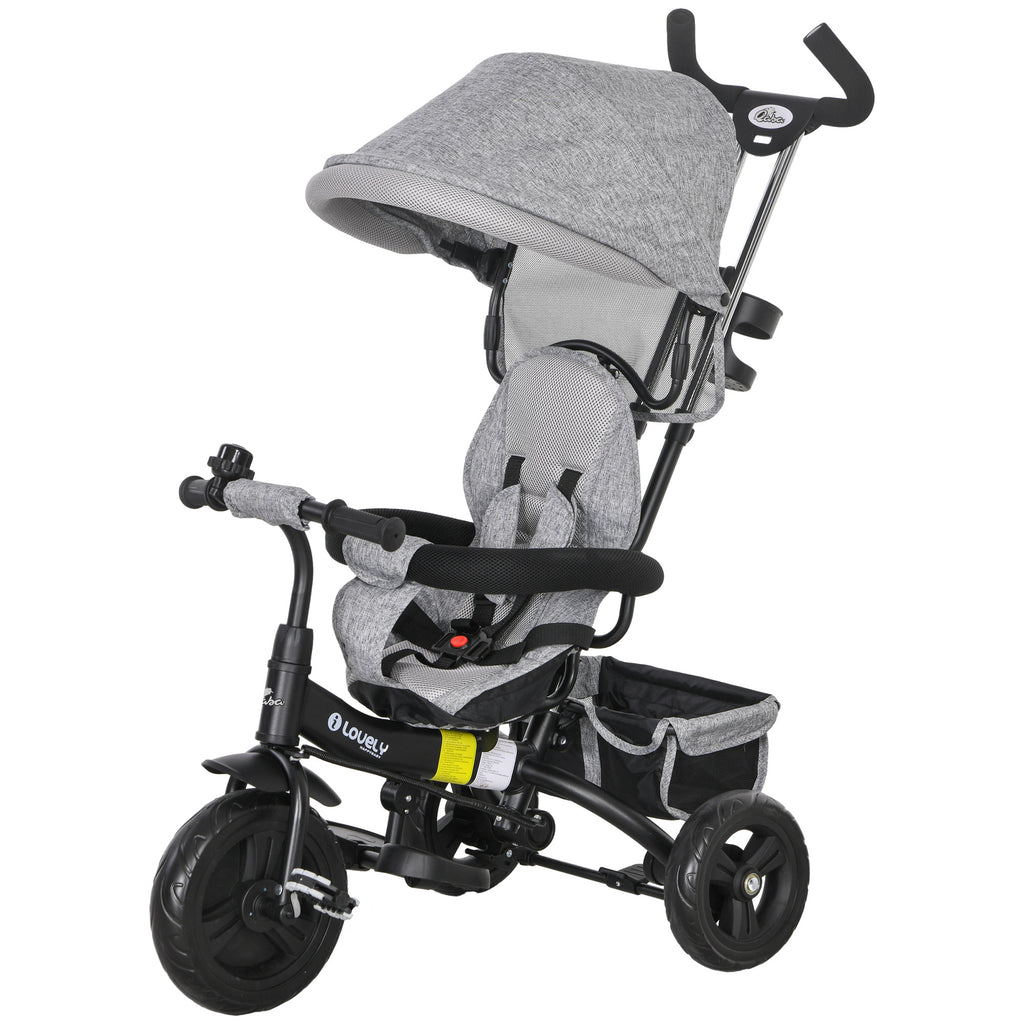 Qaba 6 in 1 Toddler Tricycle Stroller with Basket, Canopy, 5-point Safety Harness, for 12-60 Months, Grey