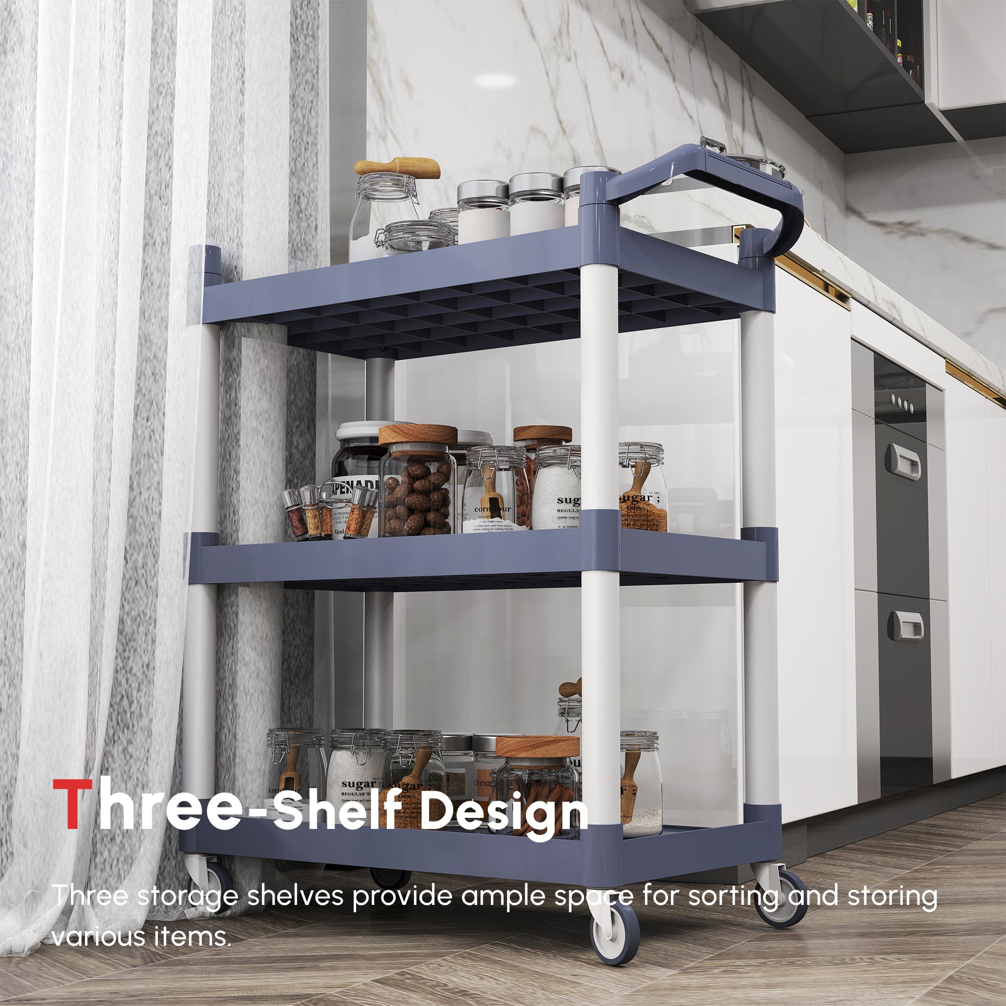 3-Tier Utility Cart Large Rolling Storage Trolley with 3 Shelves Metal Clean Service Cart, Restaurant, Hotel, Livingroom, Silver and Grey