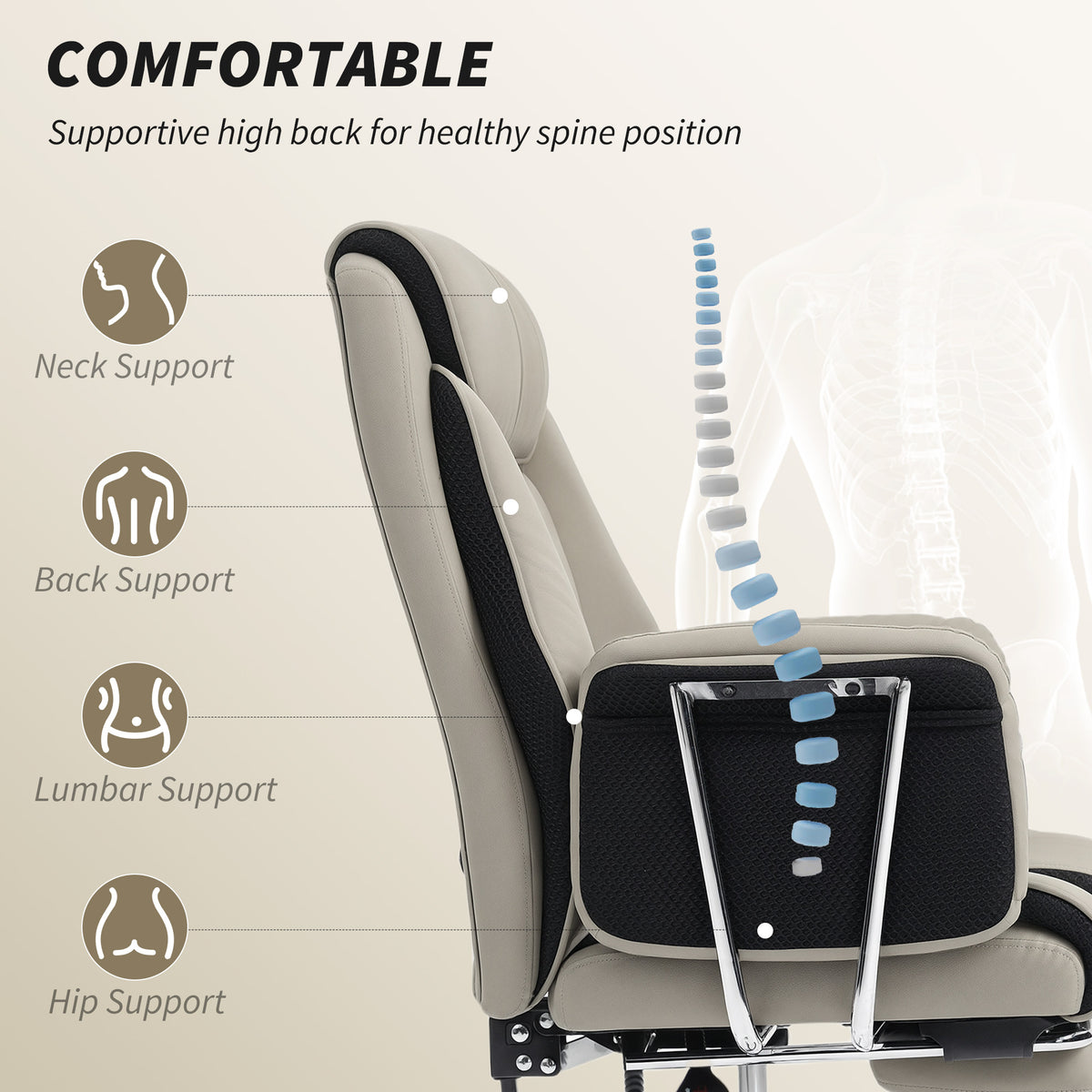Reclining Office Chair, Overstuffed Executive Desk Chair with High Back, PU Leather, Footrest, Swivel Wheels, Black