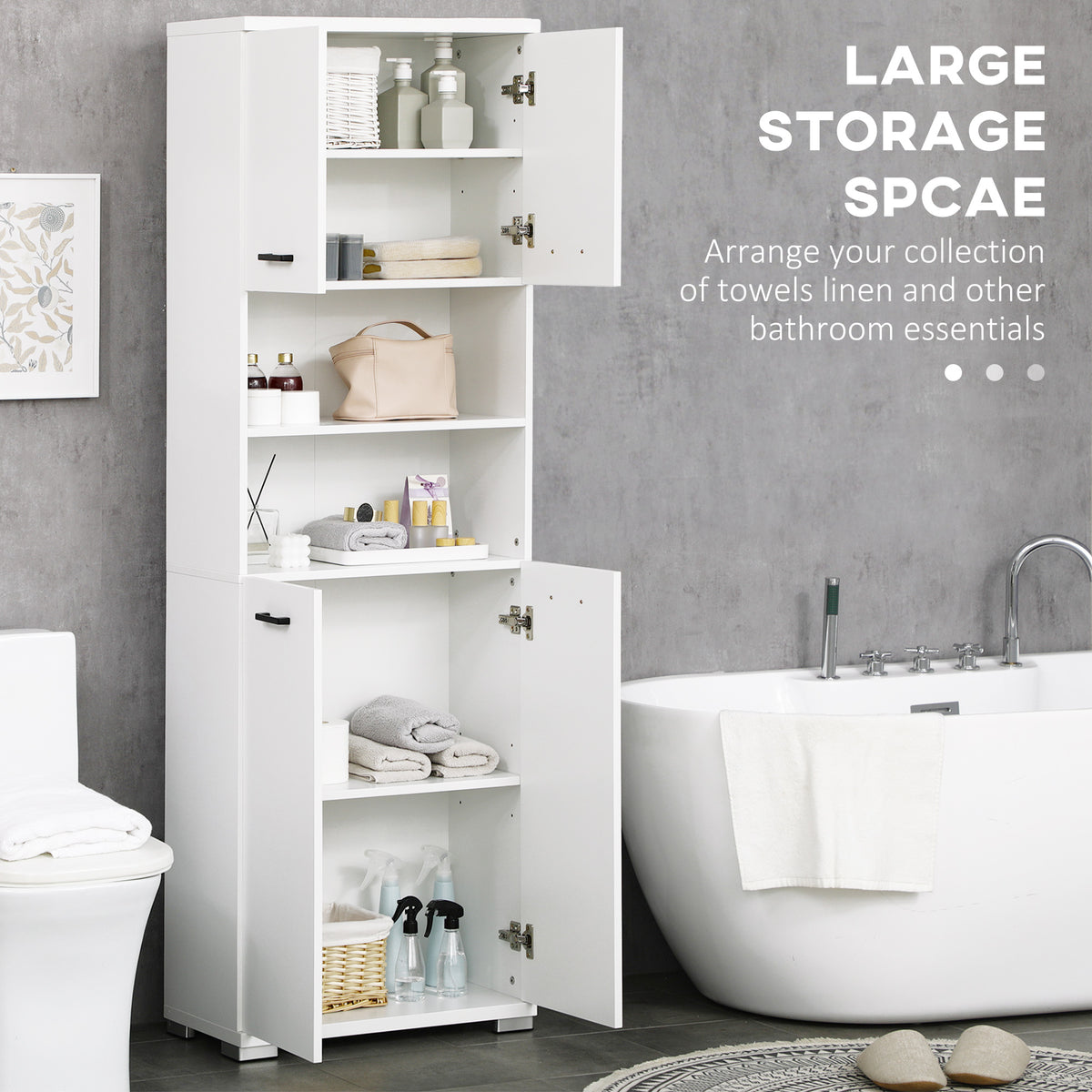 Bathroom Cabinet, Freestanding Linen Cabinet with Open Shelves and Cupboards, 23.6"x13.2"x72", White