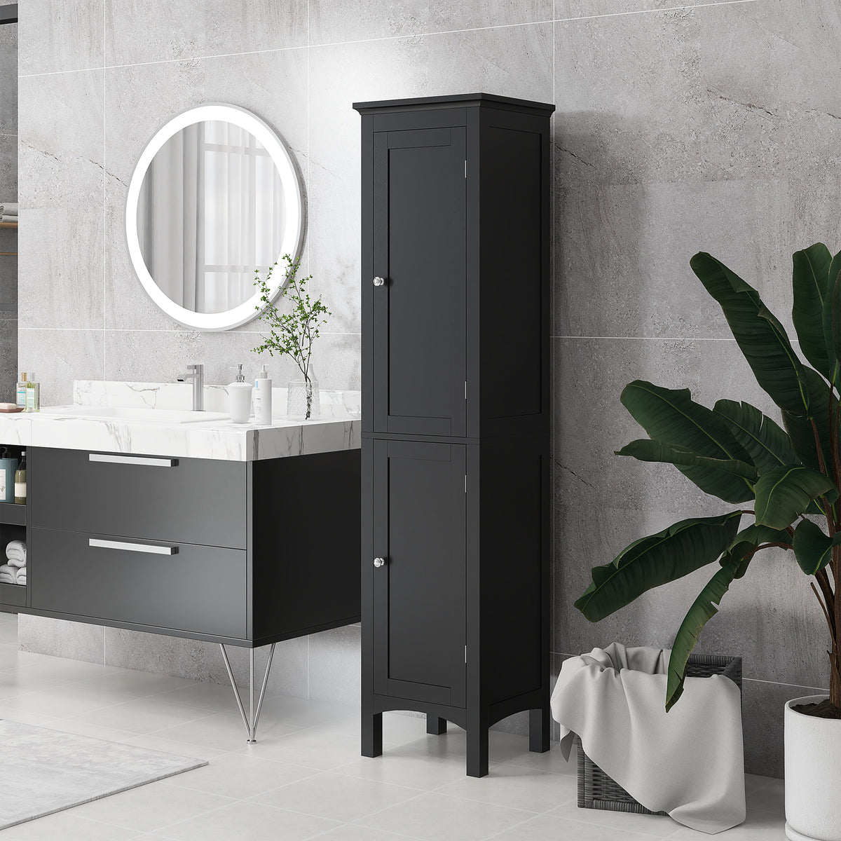 Tall Bathroom Cabinet, Freestanding Storage Organizer with Adjustable Shelves and Cupboards, 15" x 13" x 63", White