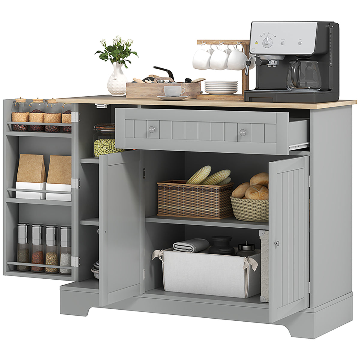 Modern Sideboard Cabinet, 41" Kitchen Buffet Cabinet with Drawer, Adjustable Shelf, 3 Doors for Dining Room, Grey