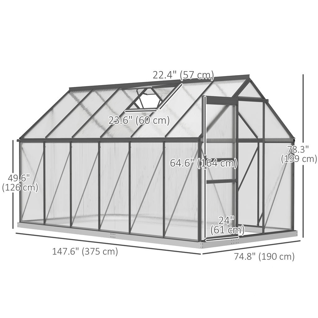 6' x 12' x 6.5' ፖሊካርቦኔት ግሪንሃውስ፣ ብሓደ እተስተካከለ ናይ ጣሪያ መንፈስ መውጫ ዘለዎ ናይ መግቢ ግሪንሃውስ፣ ጋልቫናይዝድ መሰረት፣ ተንሸራታች ማዕጾ፣ ናይ ዝናብ ማይ መውሓጺ ንደገ ኣትክልቲን ድሕረ ቤትን፣ ቀላል ግራጫ