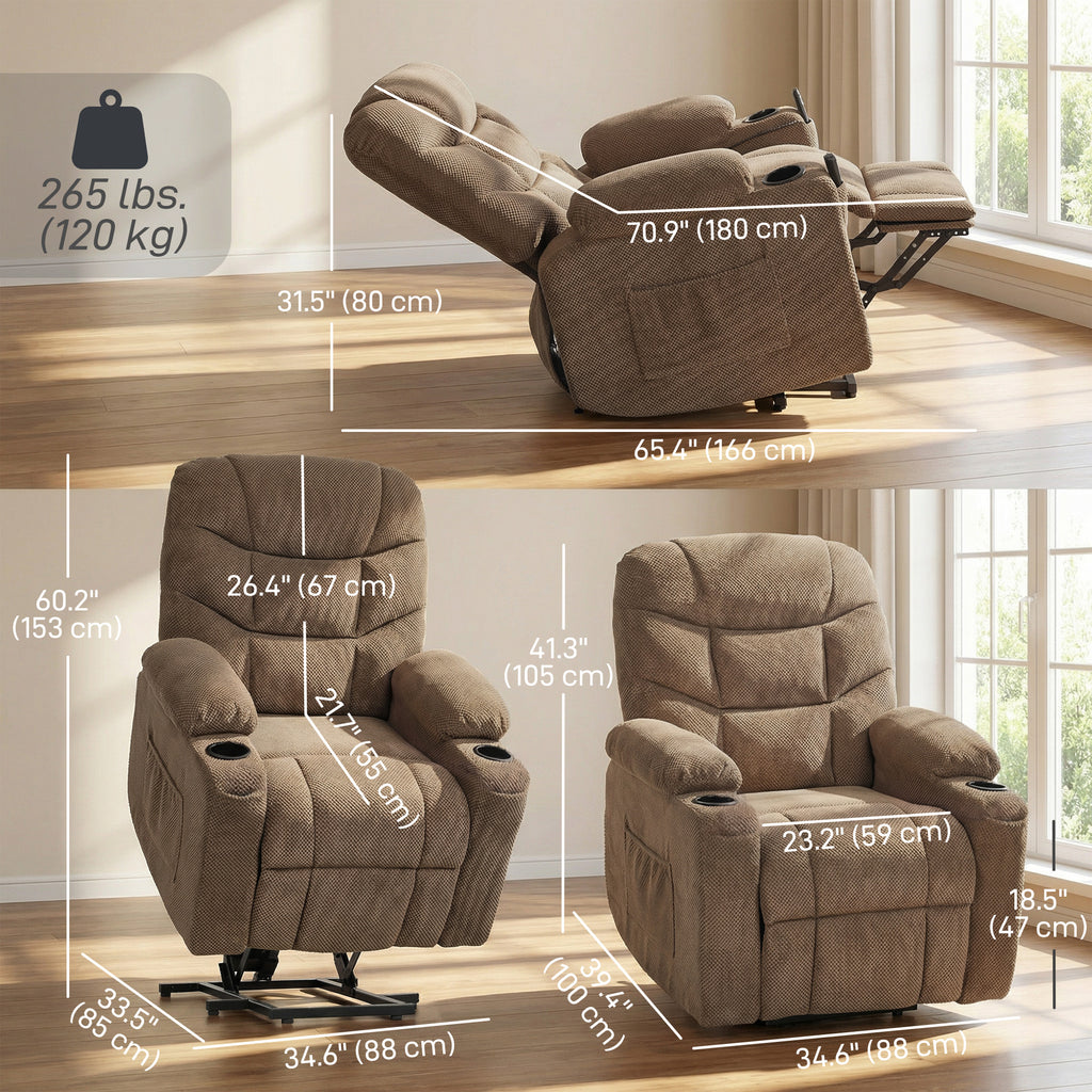 Power Recliner Chair with Massage, Electric Lift Chair for Elderly with Side Pockets, Cup Holders, Remote, Brown